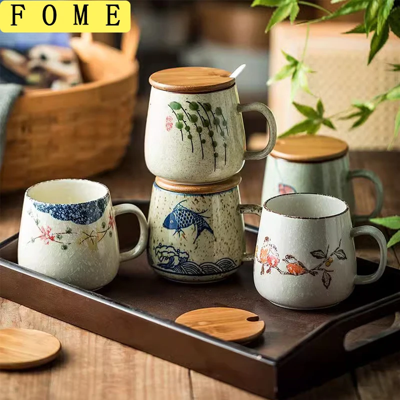

380ml Japanese Retro Style Coffee Mug With Handle Ceramic Breakfast Oats Milk Cups Home Teacup Water Mug With Lid And Spoon Gift