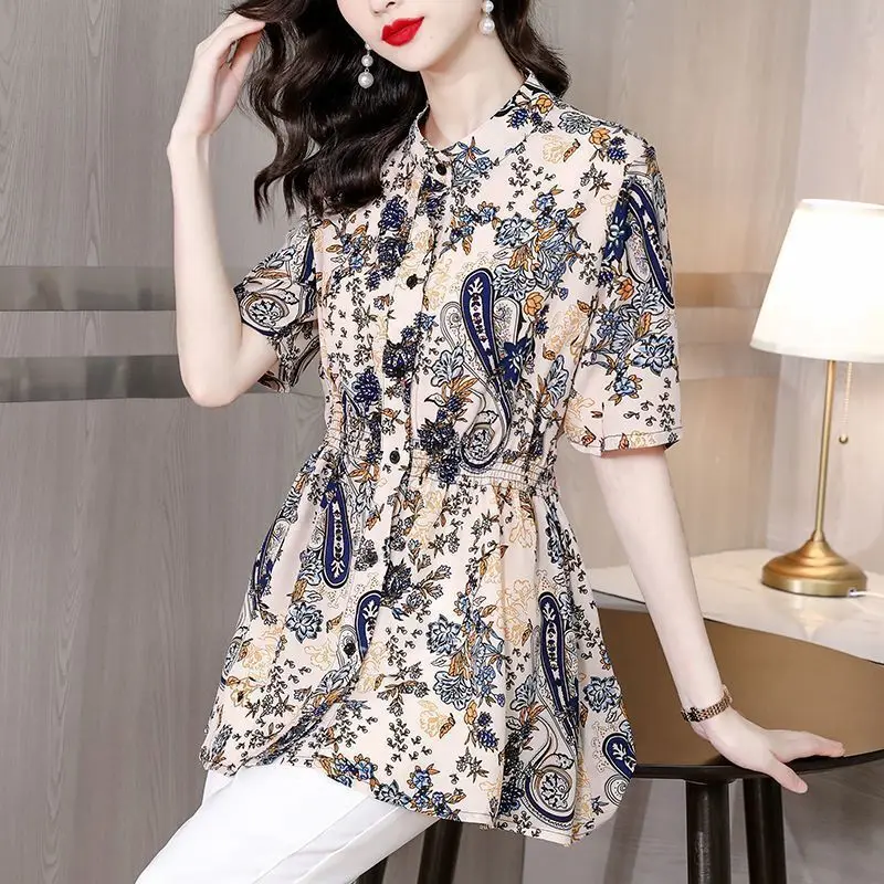 

Fashion Commute Paisley Printed Midi Blouse Casual Single-breasted Stand Collar 2023 Summer Short Sleeve Korean Shirring Shirt