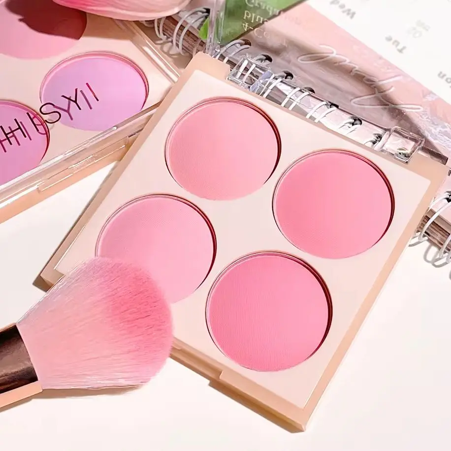 4-color matte blush, peach pink, coral blush powder, Korean low saturation soft fog blush, can lighten, create three-dimensional