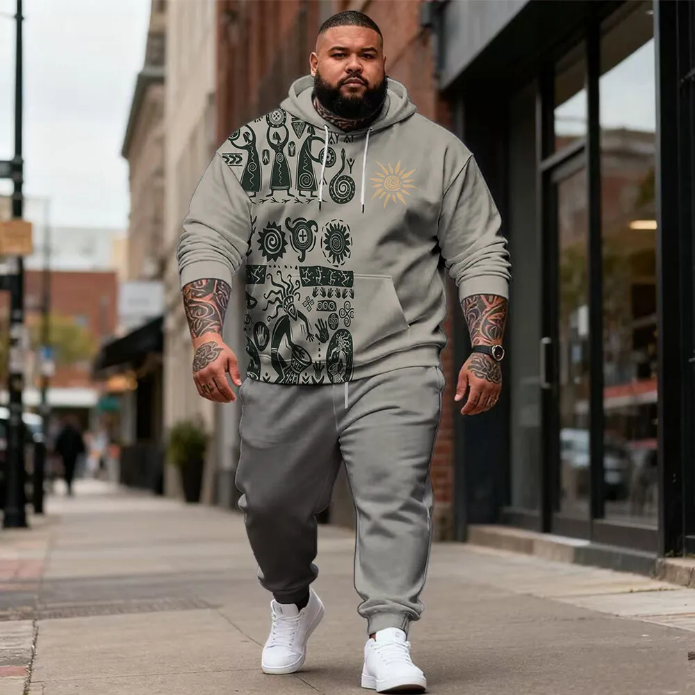 

S-9xl plus size Men's 2-Piece Hoodie Set: Ethnic & Plaid - Soft Fabric, Warm, Fine Textures, Easy to Match Pants for Big