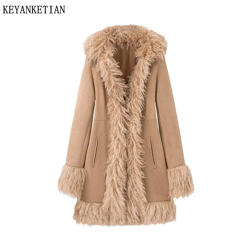 

KEYANKETIAN 2026 Spring New Women's Artificial Fur Patchwork Suede Coat Retro style Mid-length Luxury Open Trench Outerwear Top