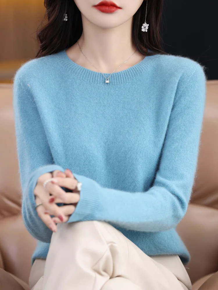 2024  Fashion Versatile Solid Color Spring Autumn New Women 100% Merino Wool Sweater O-neck Basic Cashmere Pullover Clothing Top