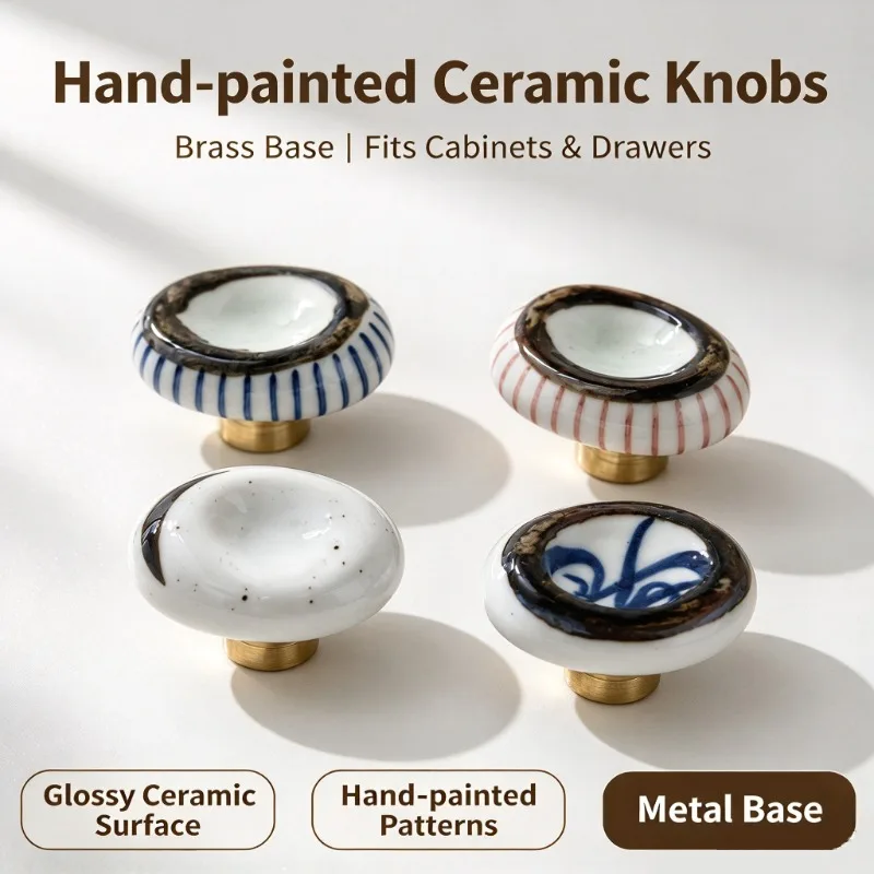 Mid Century Hand Painted Blue White Porcelain Ceramic Knob Single Hole Decorative Pull for Cabinet Wardrobe Drawer