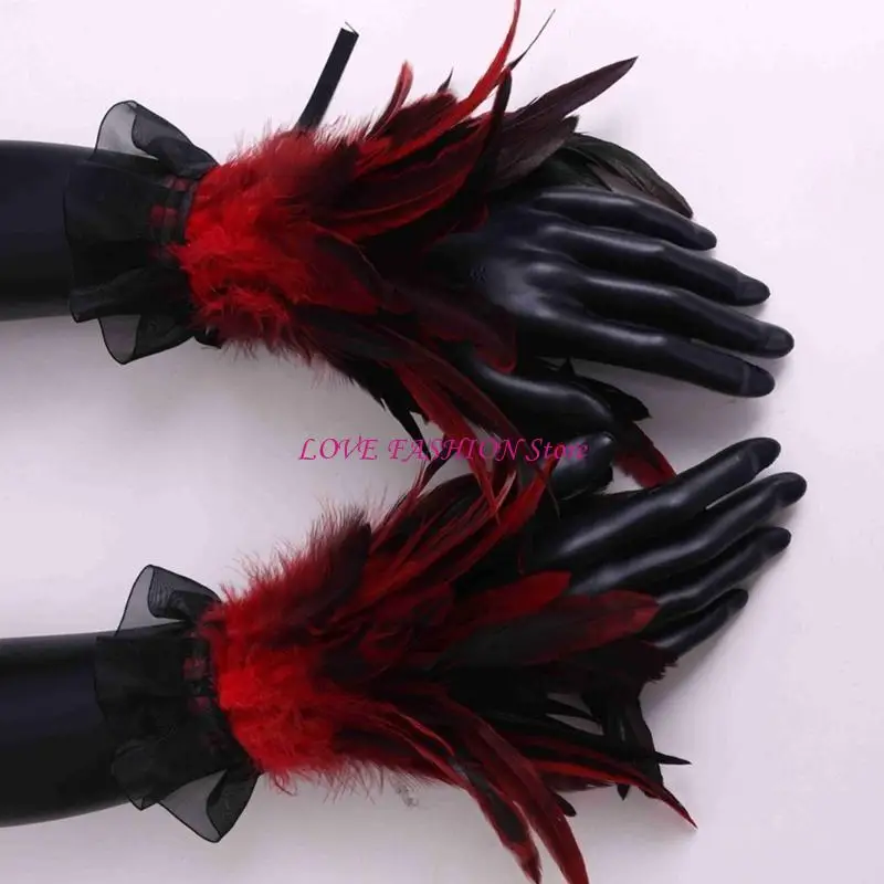 

Vintage Hand Cuffs Punk Feathered Wristband Halloween Costume Props Arm Sleeves Y166