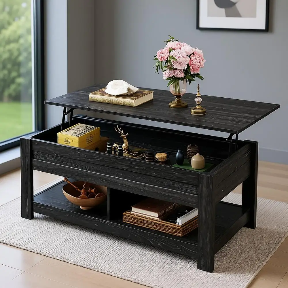 

47 Black Oak Coffee Table with Lift Top, Hidden Storage and 2 Shelves for Living Room