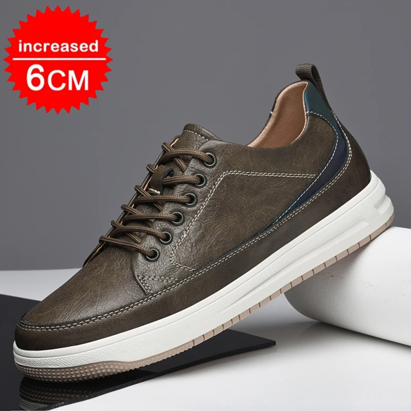 Thick Bottom Casual Sneaker Men Elevator Shoes Leather Heightening Skate Board Shoes For Man Height Increase Taller Lifting Shoe