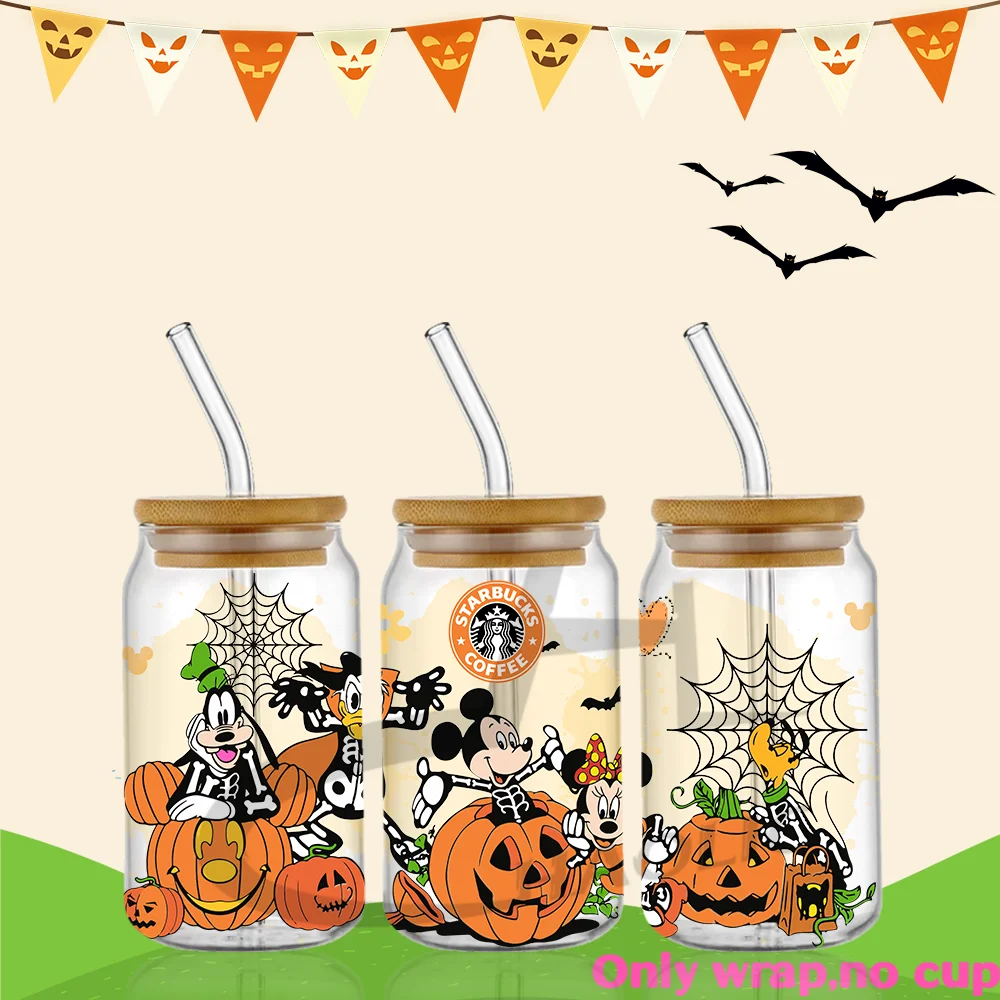 Cartoon Halloween Mouse Team Pumpkin Faces 16oz Libbey Glass Can Wrap Halloween Costume Trick or Treat Tumbler Wrap