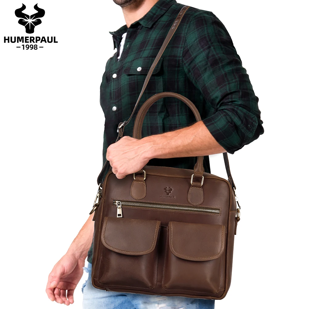 HUMERPAUL Valigetta vintage in vera pelle per uomo Borsa a tracolla per laptop da lavoro con tasche multiple Borsa tote stile retrò
