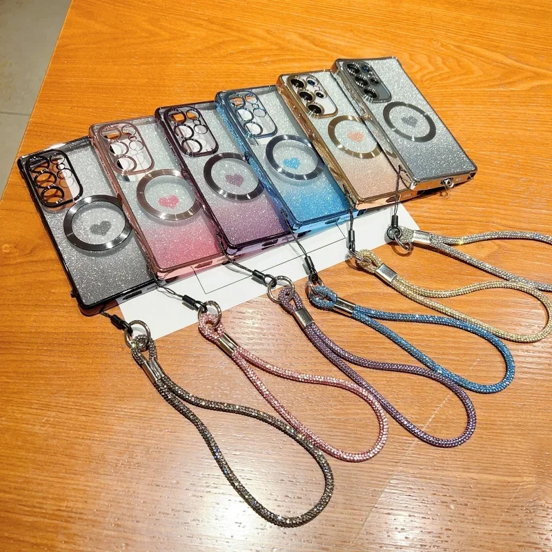 التدرج اللون بريق الحبل المغناطيسي قضية الهاتف لسامسونج غالاكسي S25 S24 S23 S21 S20 FE الترا S22 زائد غطاء مقاوم للصدمات