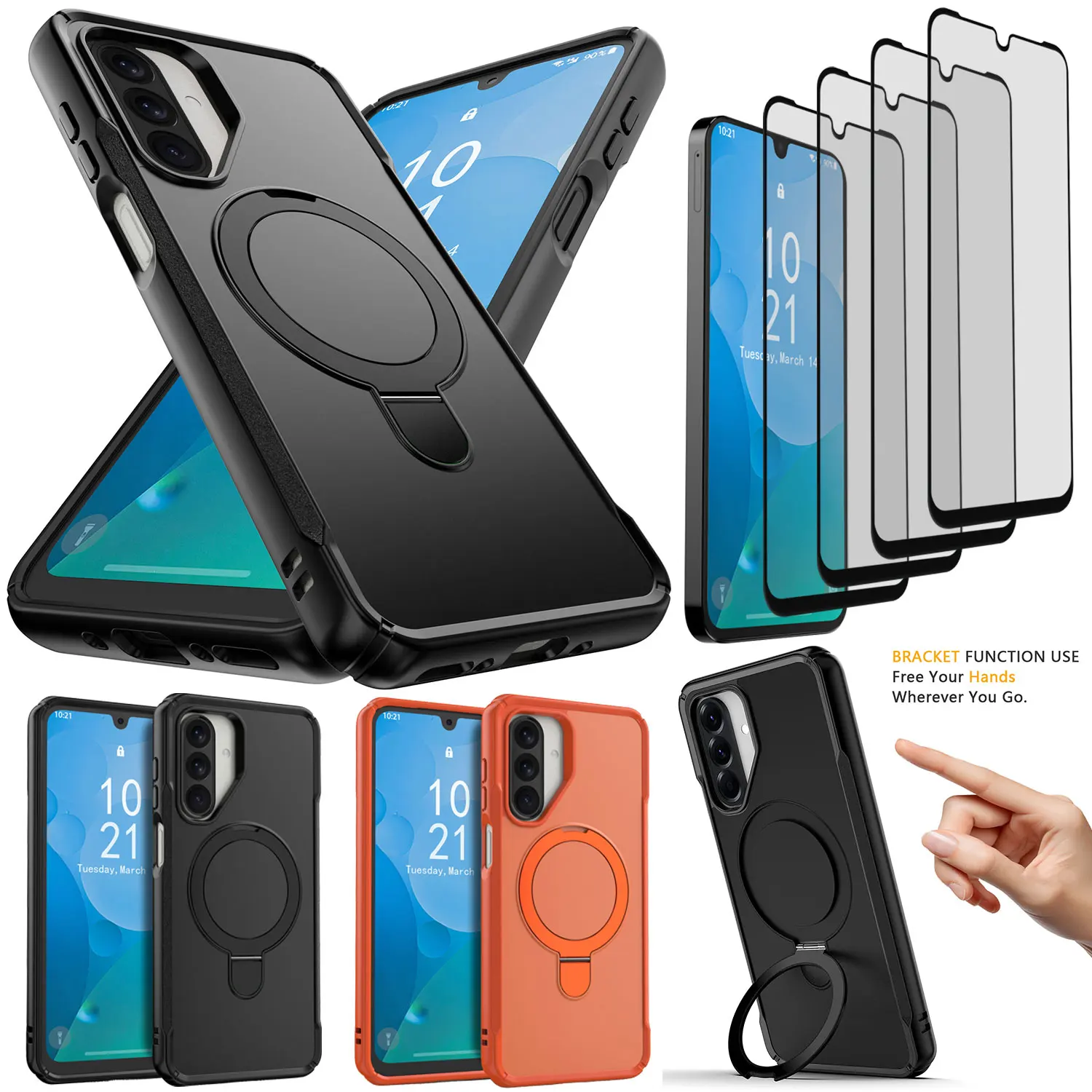 

For Samsung For Galaxy A17 Ring Kickstand Case Shockproof Magnetic Rugged Cover +4PCS Clear Tempered Glass Screen Protector
