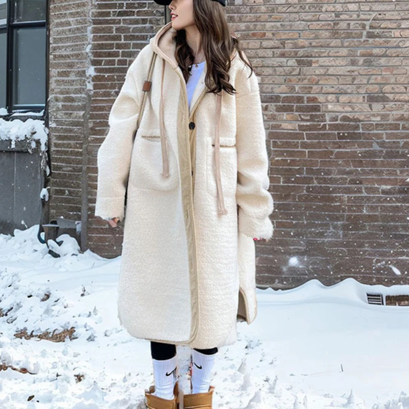 

Hooded Wool Coats Women Autumn Winter Thicken Korean Style Casual Lambswool Loose Simple All-match Streetwear Patchwork Elegant