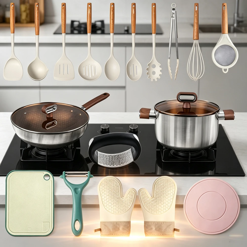 22 Pcs Kitchen Cookware, Silicone Cooking Tools, Non-Stick Wok, Stockpot, Cutting Board, Mitts, Full Kitchen Starter Kit
