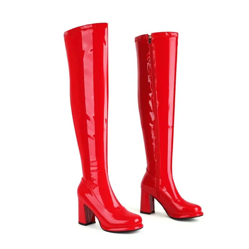 

Patent PU Gold Silver Red White Overknees Sexy Block High Heels Women Winter Shoes Plus Size 47 48 Over-the-knee Stretch Boots