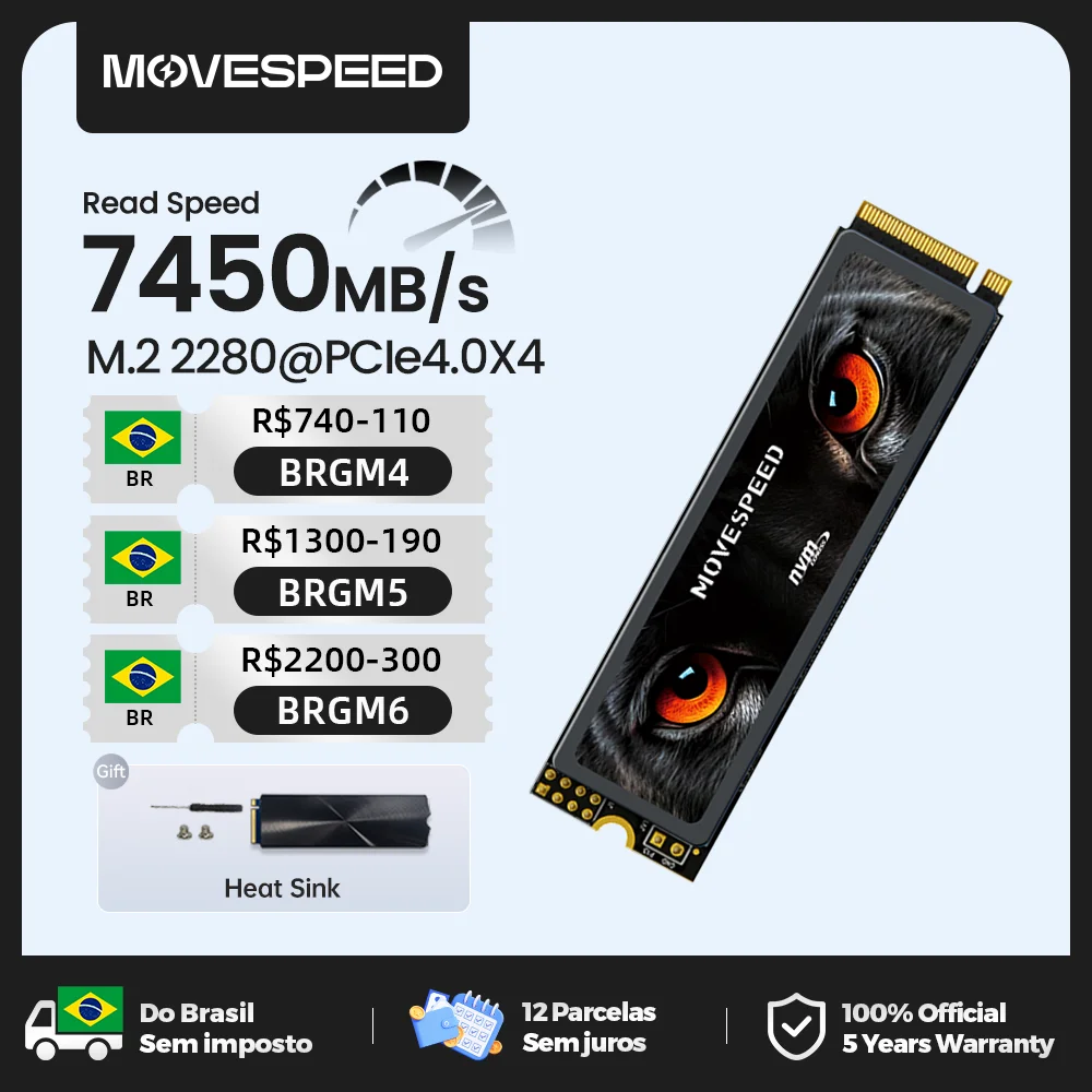 Movespeed 7450 mb/s ssd nvme m.2 2280 4tb 2tb 1tb disco rígido de estado sólido interno m2 pcie 4.0x4 2280 ssd unidade para ps5 computador portátil