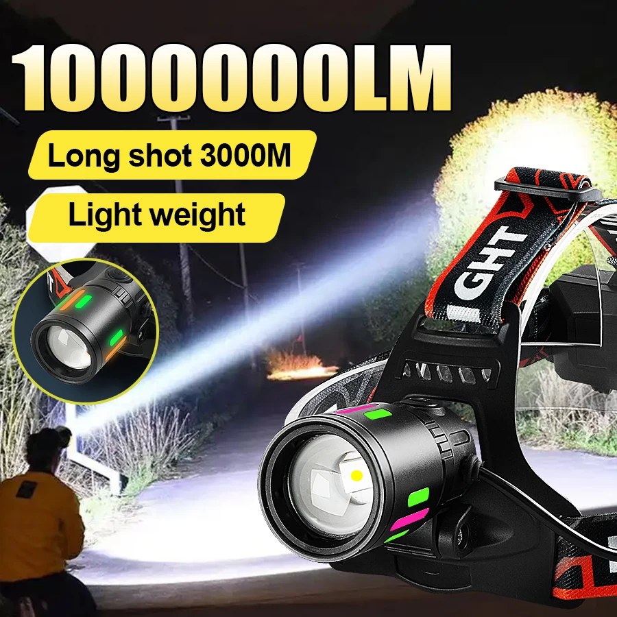 1000000LM Ultra Bright Headlamp White Laser Strong Light LED Head Flashlight Long Range Powerful Headlight Night Fishing Hiking