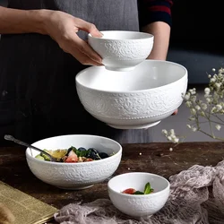 Nordic Ceramic Large Simple Round Soup Rice Ramen Bowl White Porcelain Embossed Salad Instant Noodles Bowl Kitchen Tableware