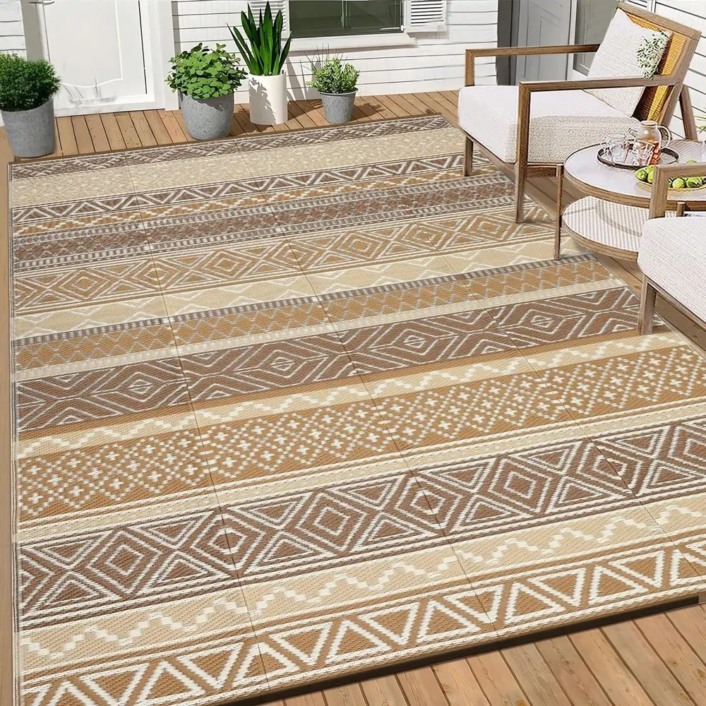 

Bohemian Black White Geometric Outdoor Rug, Large Waterproof Reversible Plastic Straw Area Rug For Patio, RV, Camping Balcony,