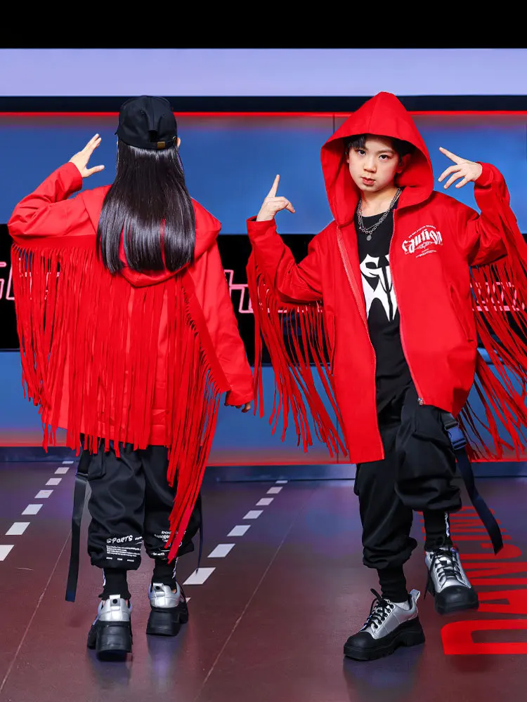 

Kid Hip Hop Clothing Red Fringe Hoodie Windbreaker Jacket Top Black Strap Cargo Jogger Pants for Girl Boy Dance Costumes Clothes