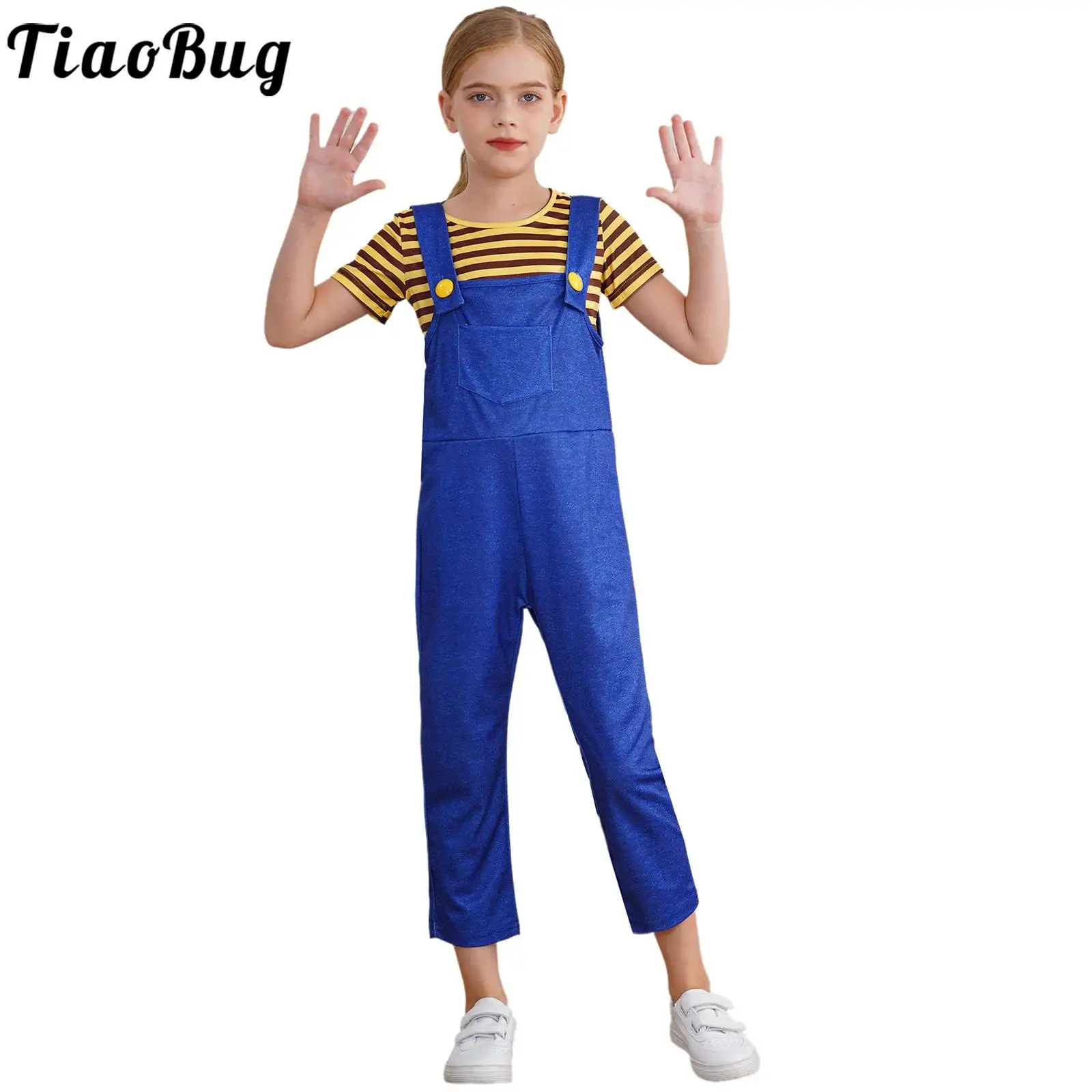 Kids Unisex Cartoon Rompers Costume Stripes T-shirt And Suspender Pants Overall Set Cute Halloween Dress Up Party Costume