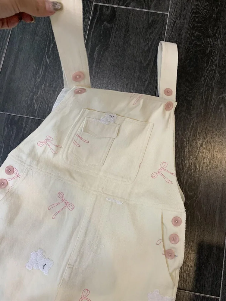 

Женские джинсовые комбинезоны с вышивкой милого медведя, весенне-осенние, свободные, прямые брюки с высокой талией, широкие длинные штаны