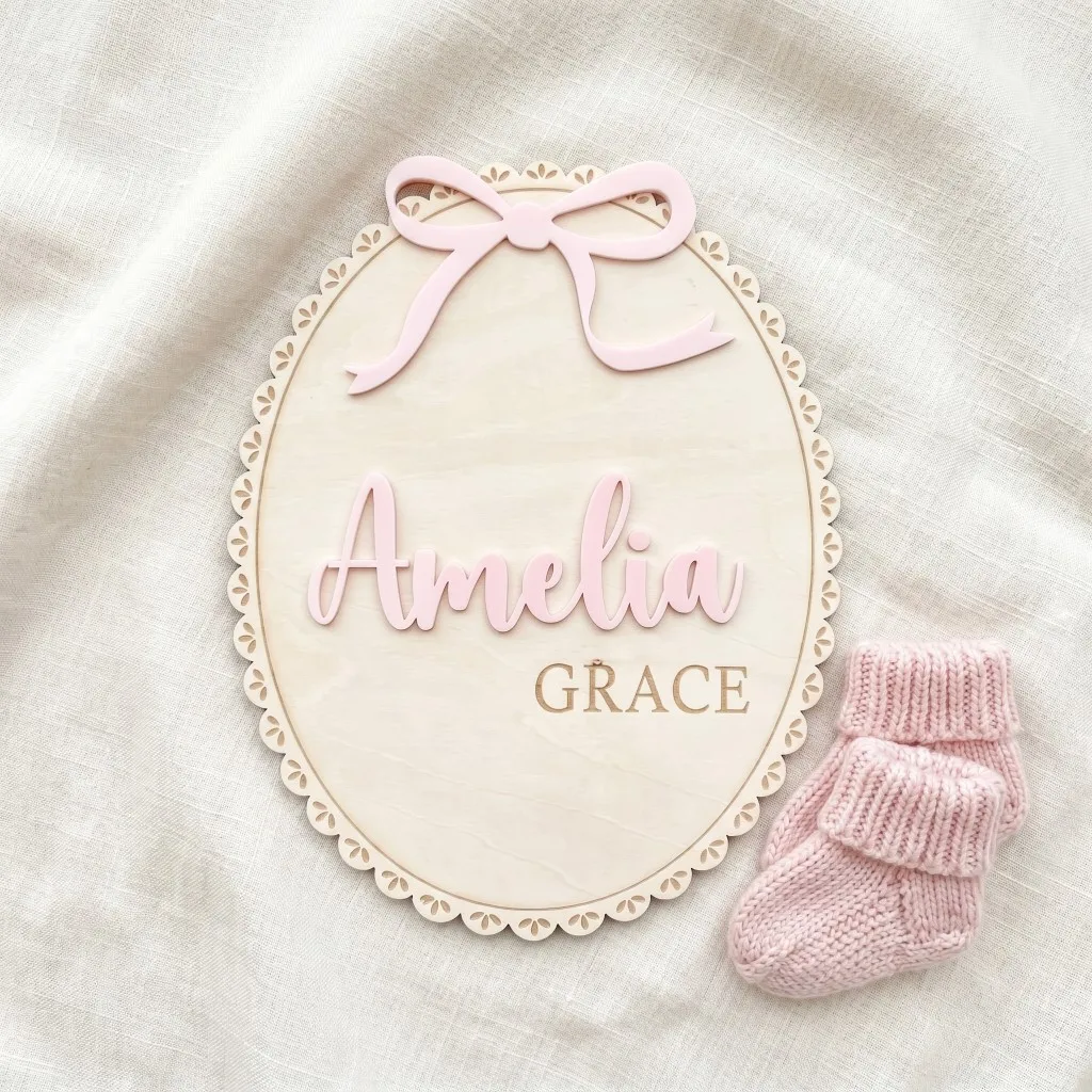 1Pc Custom Bow Lace Edge Baby Wooden Name Plaque,Home Kids Room Nursery Bedroom Wall Nursery Decor,DIY Paintable,Birthday Gift view 6