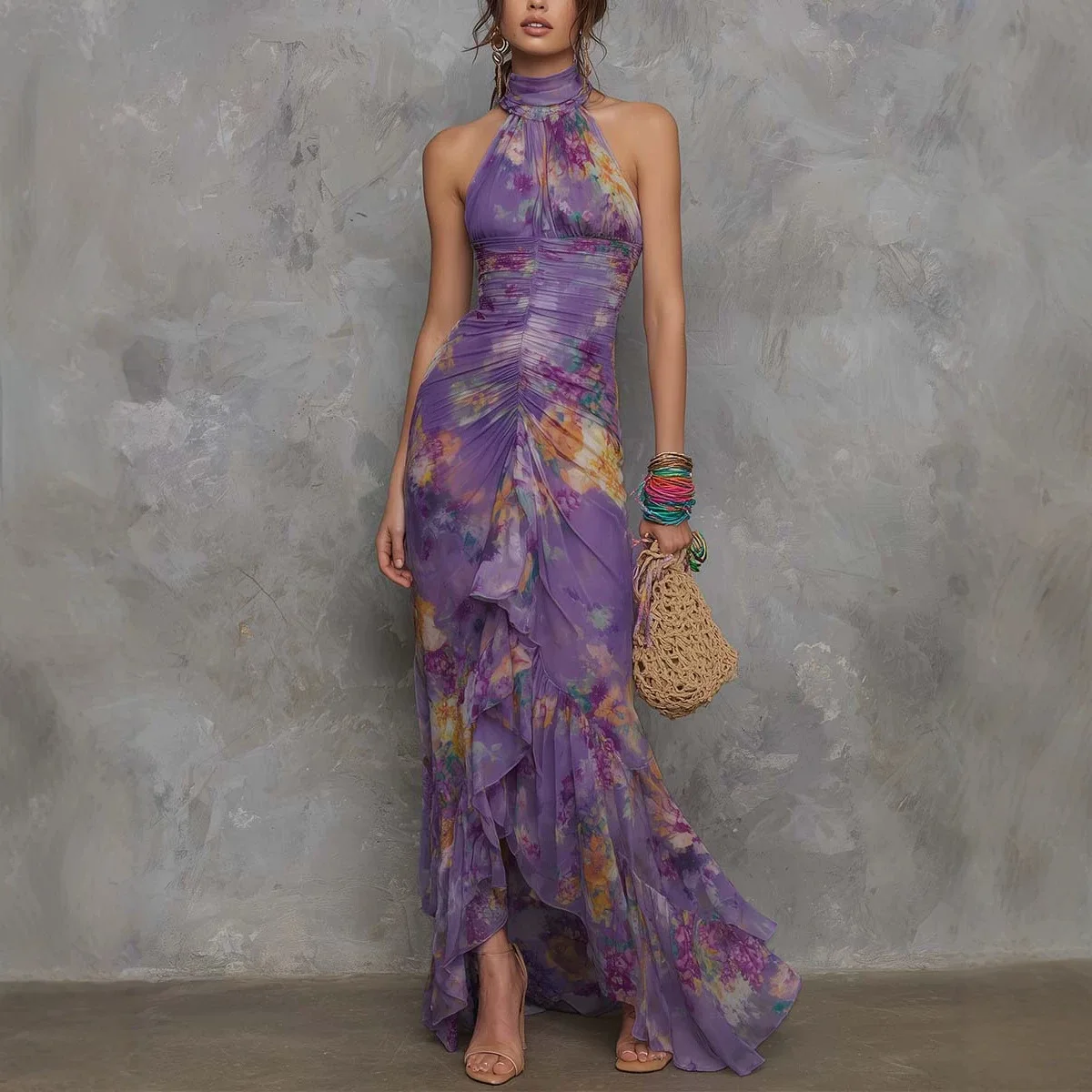 2026 Sommer Neues Ärmelloses Romantisches Lässiges Cowl-Neck Off-Shoulder Kleid mit Farbenfrohem Druck und Unregelmäßigem Bodycon-Schnitt als Maxikleid
