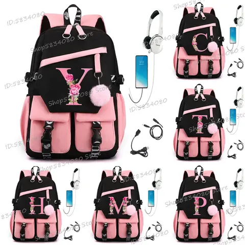 Sac à dos de voyage avec lettres de fleurs roses A B C D pour femmes et hommes, 26 initiales, sacs d'école à fleurs pour adolescentes, cadeaux à la mode