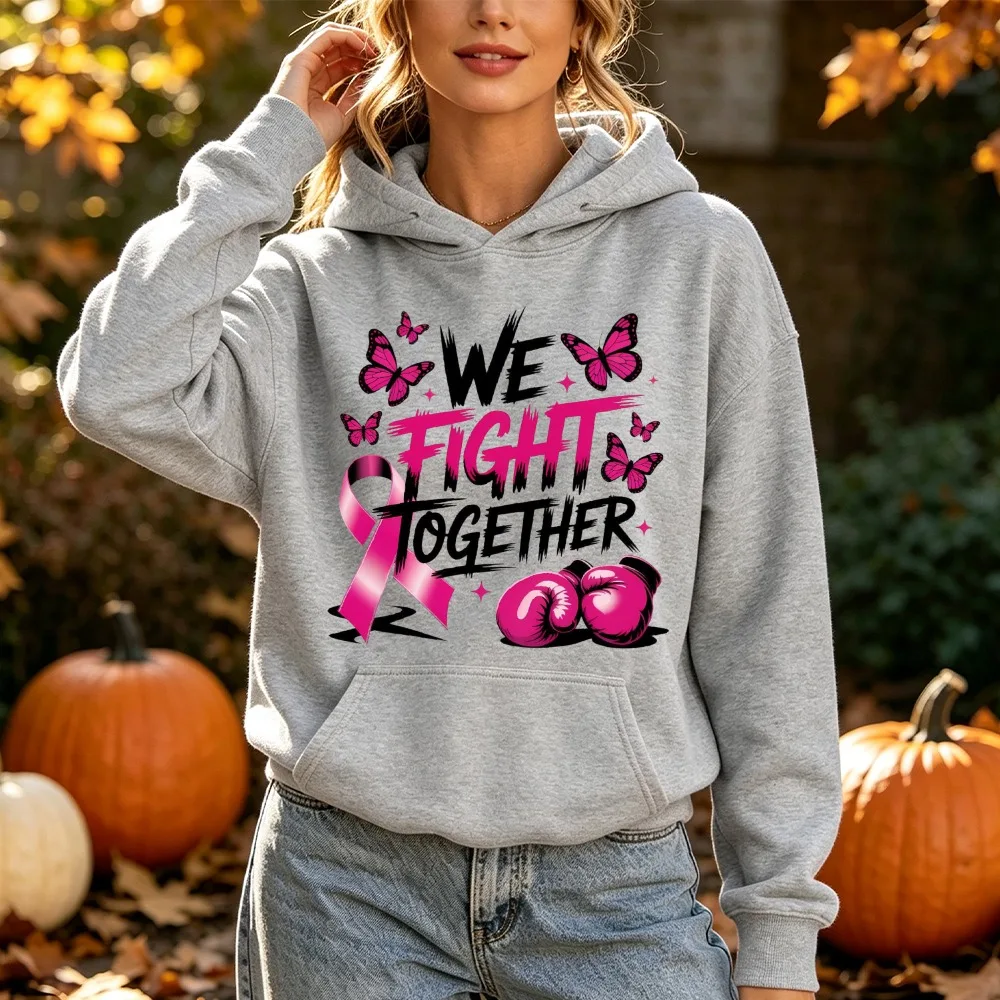 Women's Pink Ribbon Hoodie We Fight Together Breast Cancer Awareness Warm Long Sleeve Support Butterfly Top Winter Clothes Women