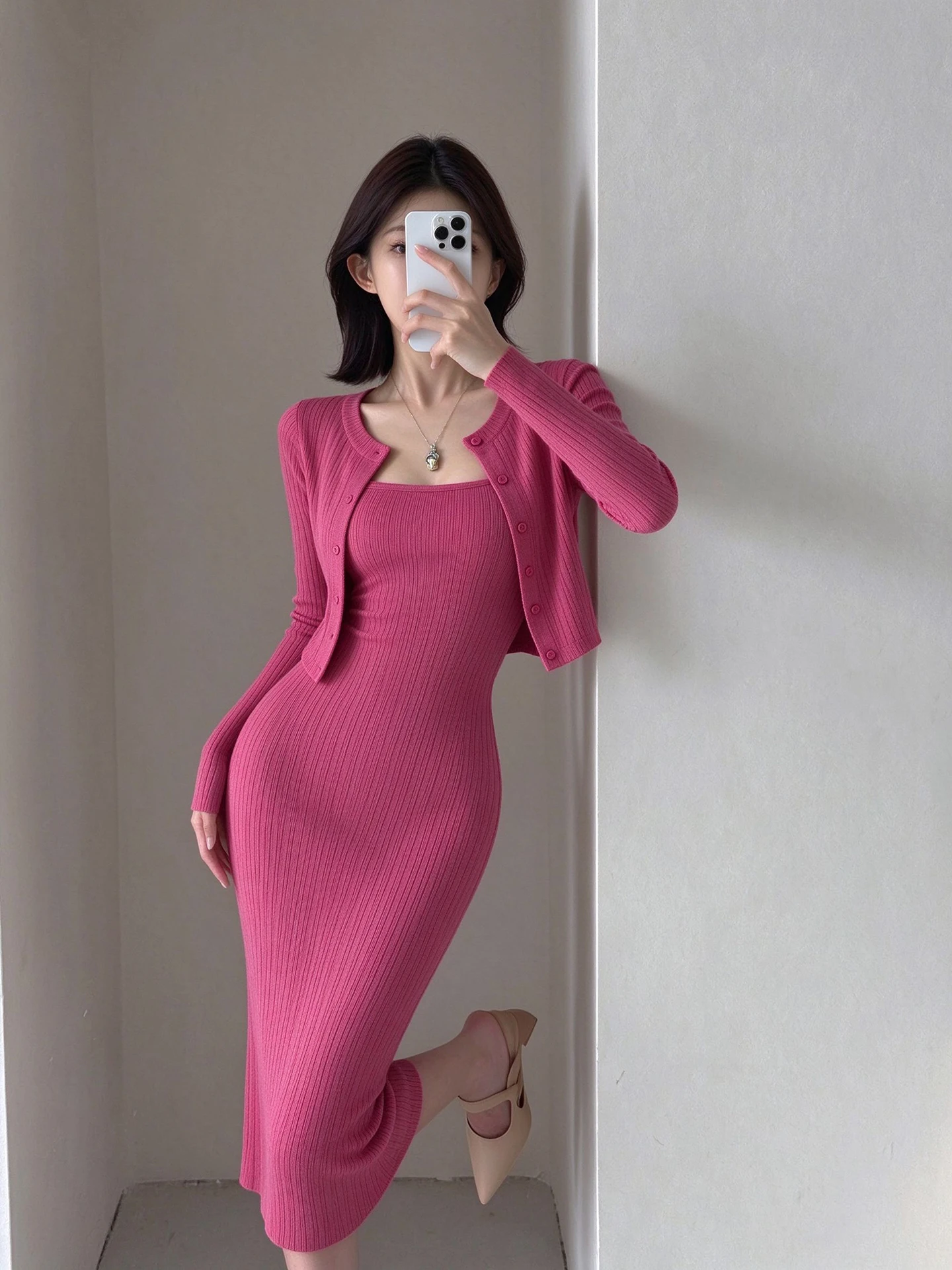 MianCun Knitted Wrap Dress And Cardigan Set Curved Formula Design Atmosphere Feeling Long Sleeve round Neckline Bodycon Dress