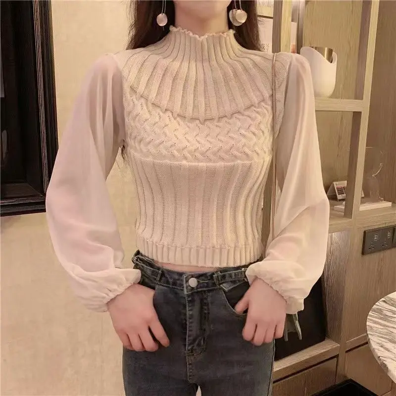 Autumn Women High Neck Stripe Sweater Pullover Sheer Lantern Sleeve Patchwork Slim Knit Top Casual Elegant Office Lady Solid Top