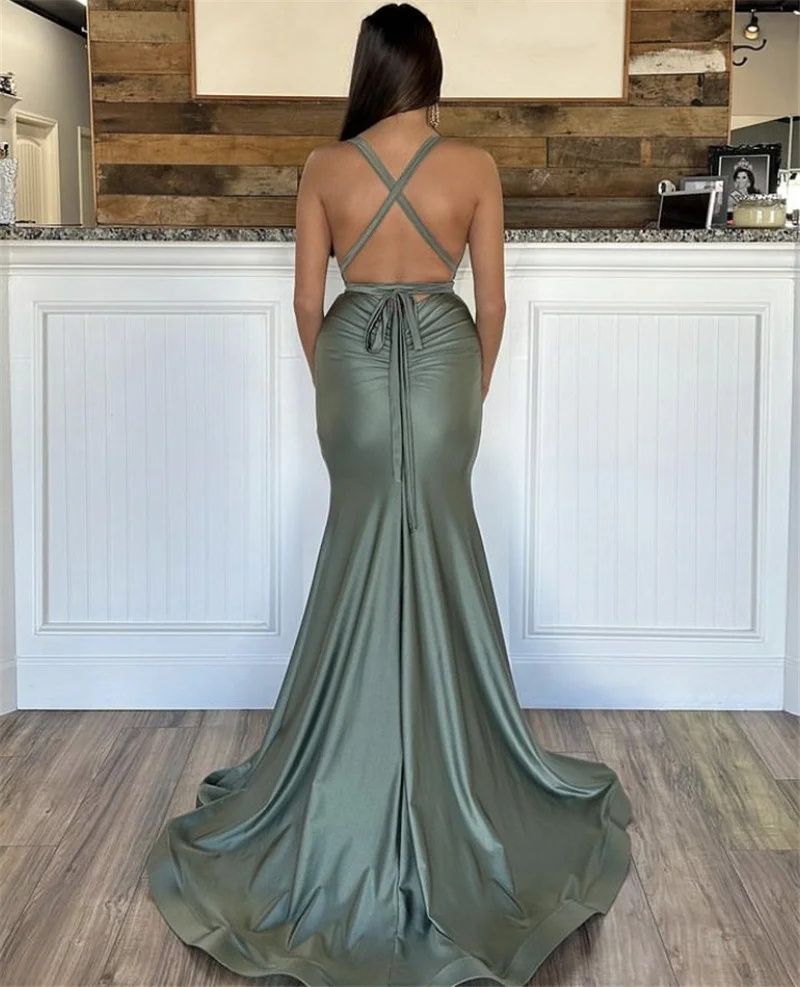 2024 Newest Prom Dresses Halter Sleeveless Backless Mermaid Sweep Train Silk Satin Prom Dresses vestidos de fiesta de noche