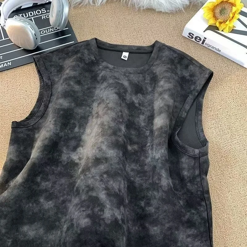 Summer New Men's Sleeveless Vest 2026 Lazy Style Dyed Top Casual Versatile Trendy Thin round Neck Shoulder Pad Chinese Style