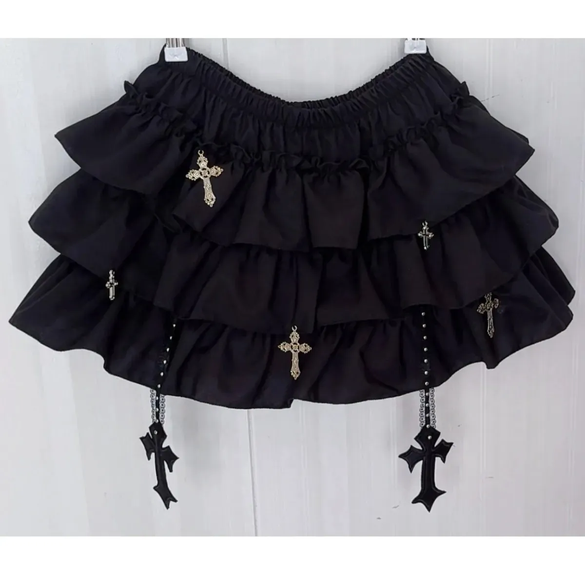 Black Mini Skirt with Cross Pendant Built-in Shorts Tiered Ruffled Trim Shoujo Girl Sukapan Gothic Lolita Kawaii Cake Skirt - view 5