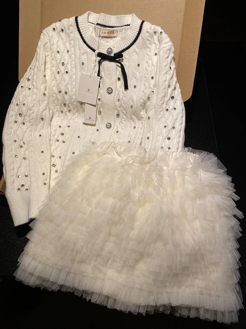 

Весенний модный комплект: вязаный кардиган в нежном стиле, многослойная плиссированная юбка-полусолнце из фатина, пышная сетчатая юбка, весенний комплект из двух предметов