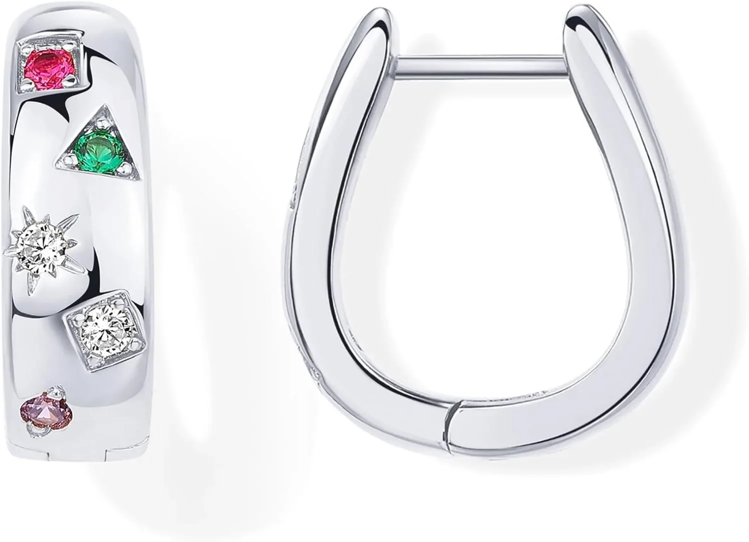14K Gold Plated 925 Sterling Silver Posts Chunky Huggie Earrings for Women Multi-Colored Cubic Zirconia Statement Hoop Earrings