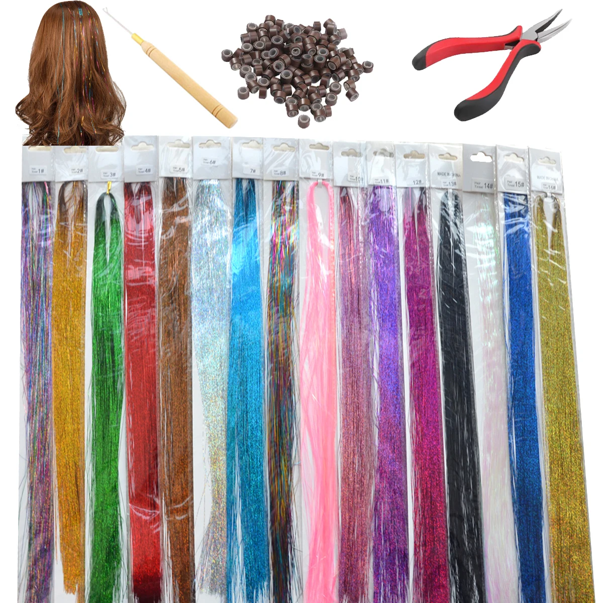 16Pcs 36inch Sparkle Hair Tinsel Rainbow Colored Strands Headwear Hairbinge Hair Laser False Hair accessories Decor Glitter