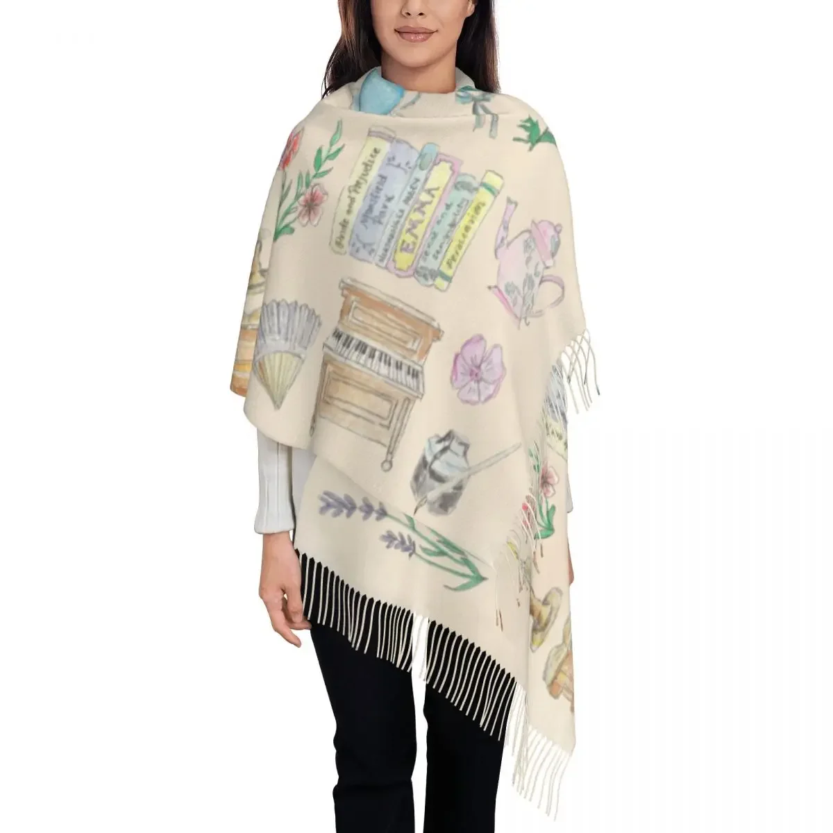 Jane Austen Illustrations Scarf Women Luxury Winter Fall Wrap Shawl Tassel Wraps