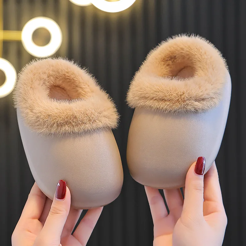 

2024 Winter Smooth Bread Plush Slippers Children's Non-slip Soft Indoor Fluffy Shoes For Boys Girls Warm Kids Home Cotton Shoes