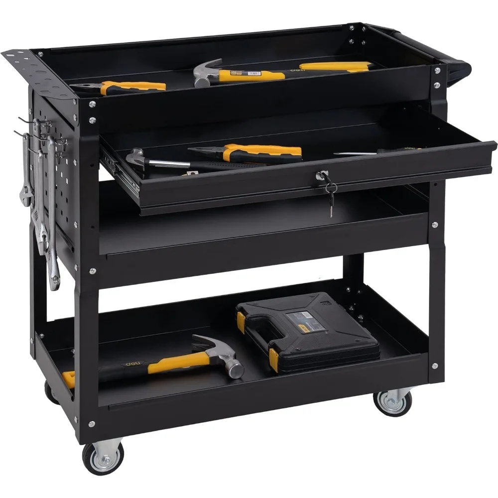 SUN & SUMMER Rolling Tool Chest with Wheels, 3 Tier Black Tool Box Tool Cabinet with Drawers Chest Universal Lockable Wheels,