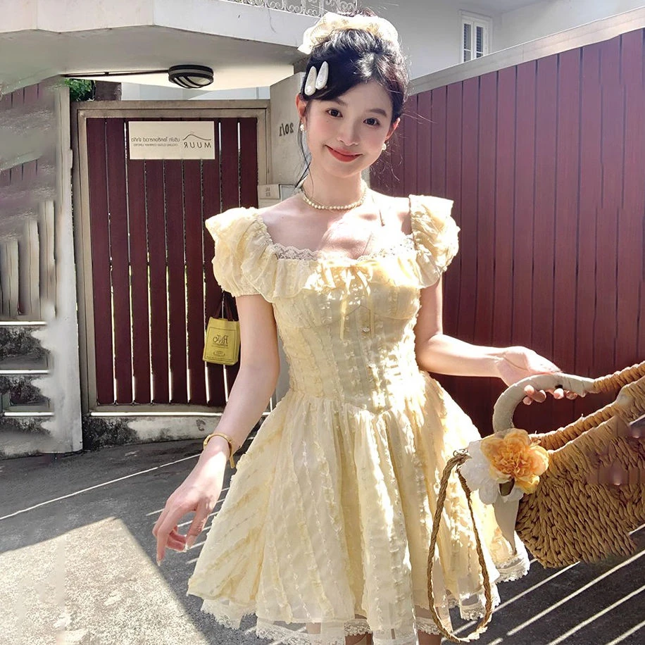 casual one piece dress short Women's Short Dress With Gathered Sleeves, One-Piece Balloon Style, Fitted Mini Dress, Casual, Pleated Waist, Solid Color, For Summer, Spring, Winter, Autumn, Elegant