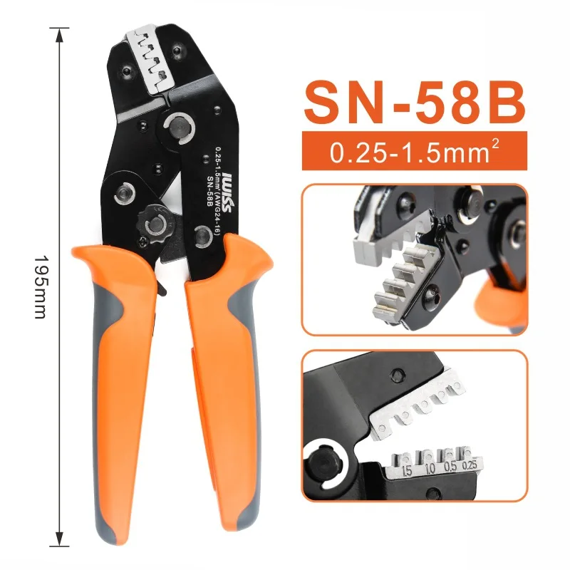 IWISS SN-58b 6,3/4,8/2,8 herramienta de prensado de resorte terminal de trinquete herramienta de prensado de 0,25-1,5mm abrazadera de terminal desnudo de prensado en frío