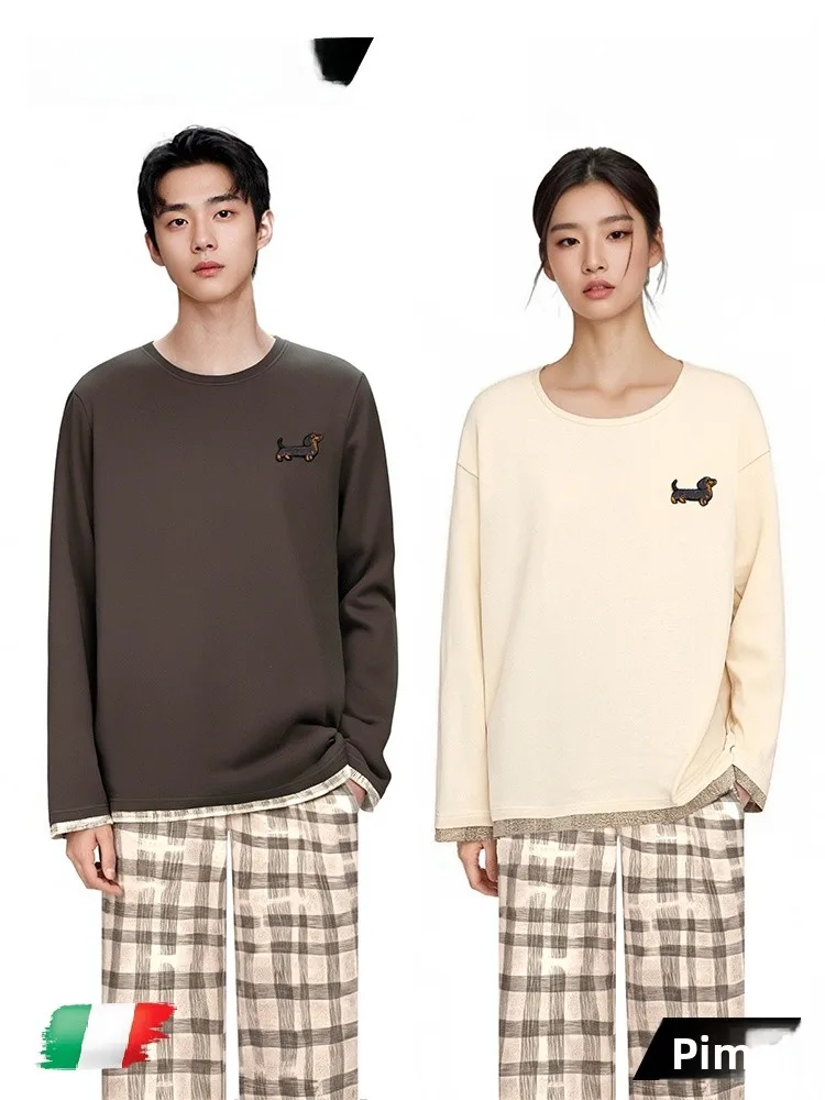 PinkBread Plaid Sausage Couple Style Pure Cotton Long Sleeve Spring Summer Home Clothes Soft round Neck Home Comfortable Pyjamas