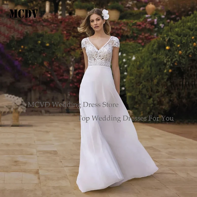 

MCDV 2025 A Line V Neck Wedding Dresses Lace Backless Illusion Back Elegant Beach Tulle Bridal Gown Customized Simple