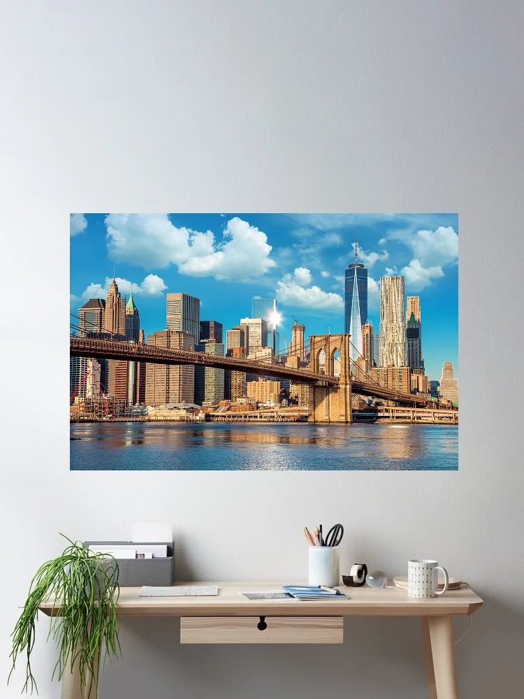 Brooklyn Bridge with the Lower Manhattan skyline in the background Art Print Canvas Poster, Living Room Decor, Home Wall Picture