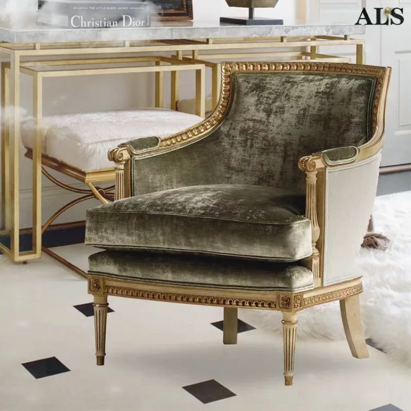 American light luxury solid wood single sofa retro French engraved living room fabric leisure chair meeting guest studio sofa ch
