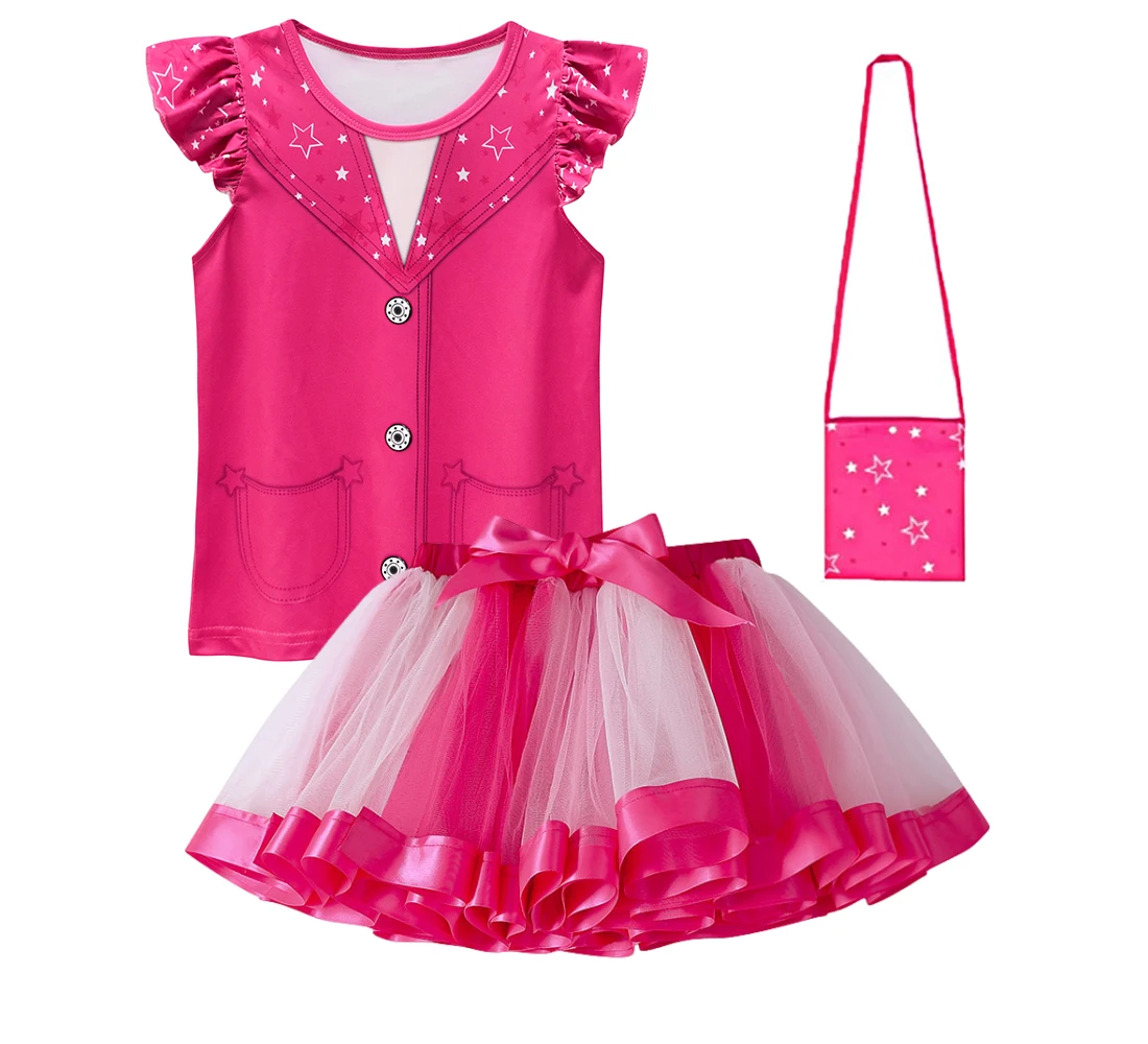 Kawaii Children Costume Girls Casual Movie Barbi Pink Princess Cosplay Shirt + Skirt +Bag 3pcs Set Kids Clothing Sweet Party