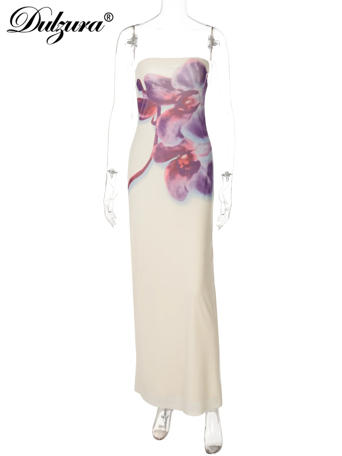 Dulzura Summer Fashion Chest Wrapping Backless Slim Fit Mesh Print Long Dress Ladies Sexy Elegant Evening Party Club Prom Outfit