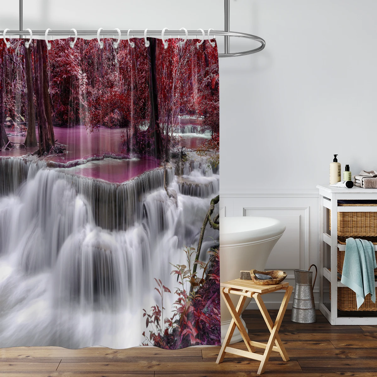 Enchanted Waterfall & Purple Autumn Forest Print Shower Curtain with 12 Hooks, Modern Home Bathroom Decor,All-Season Universal