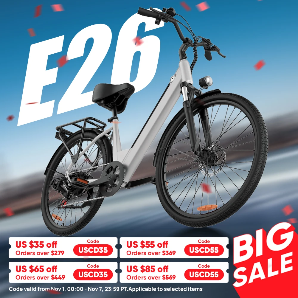 750W E-Bike Commuter 26x2" Tires 48V 10.4Ah Removable LCD Display 20MPH Speed 7-Speeds Hydraulic Disc Brakes for Adults