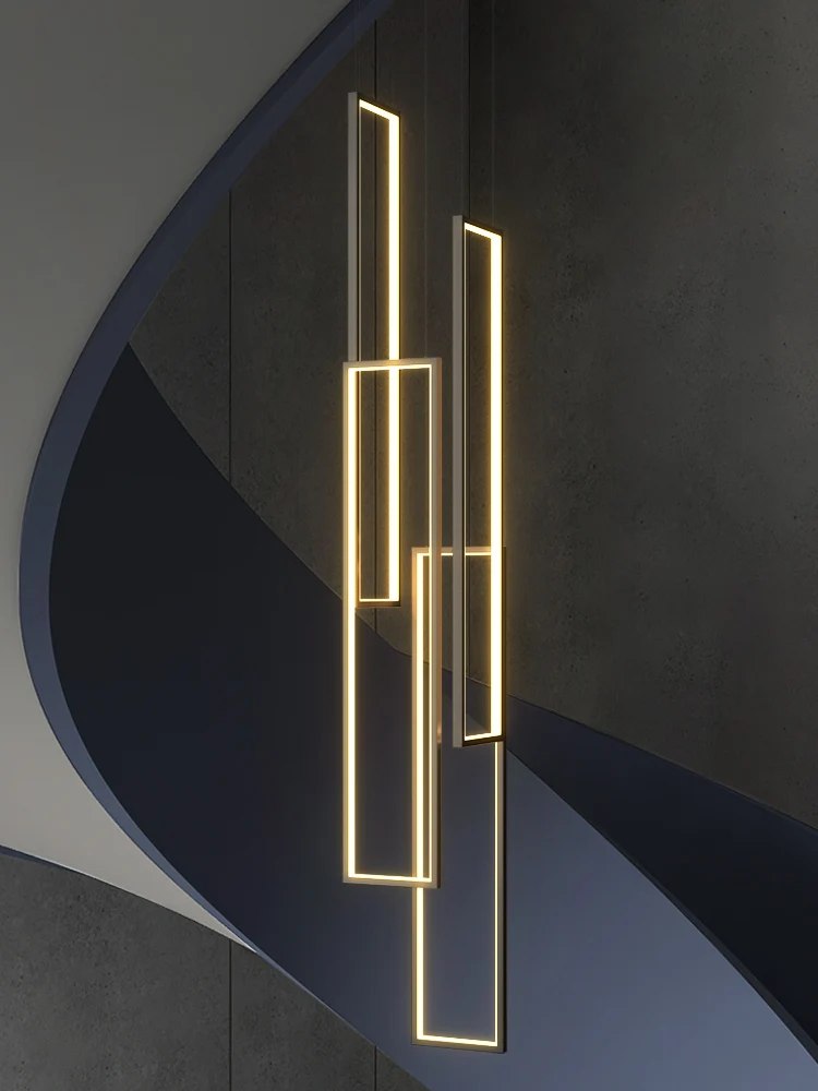 Modern LED Stair long chandelier minimalist creative rectangular villa duplex chandelier Nordic luxury loft living room Lamps